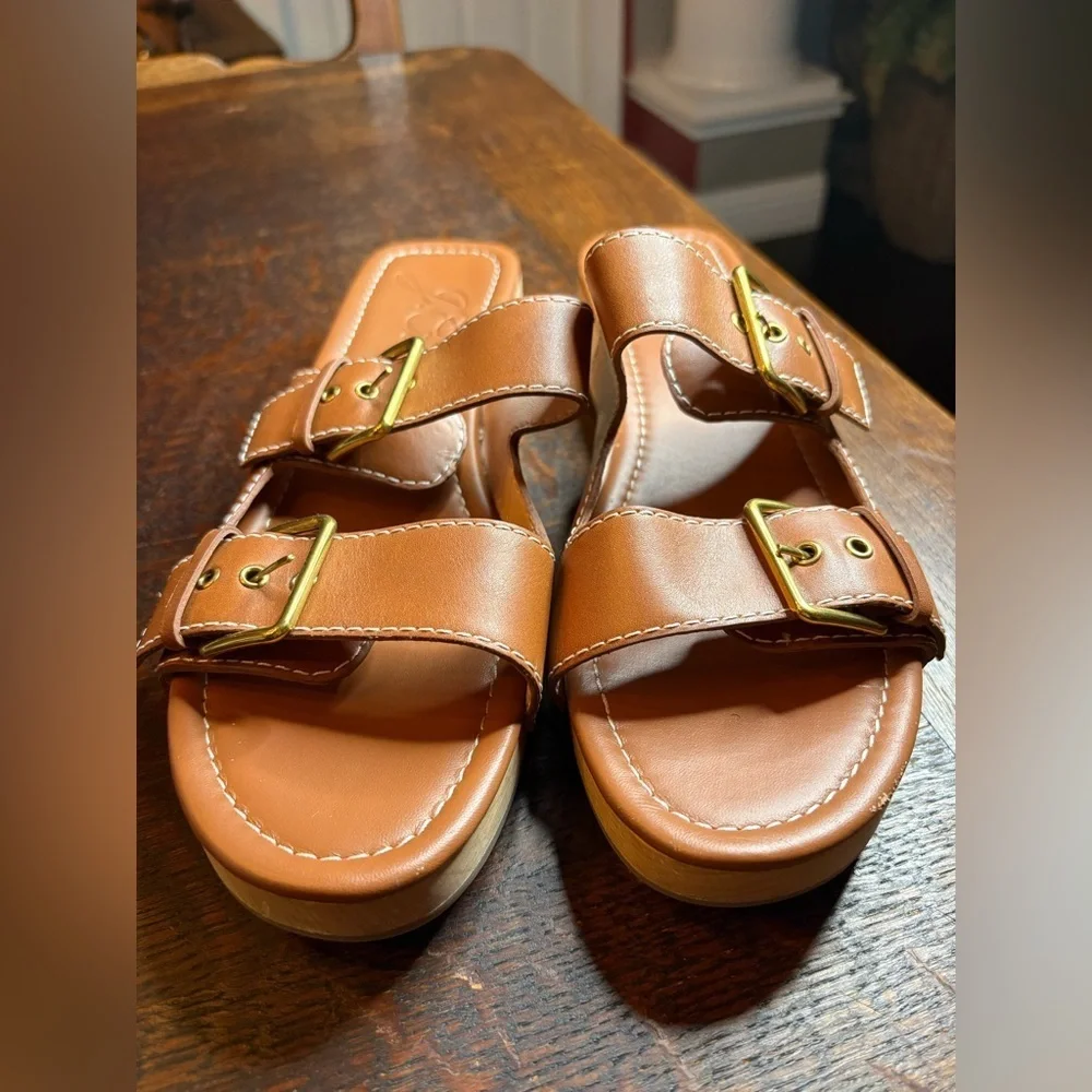 J. Crew- Leather Double Buckle-Strap Sandals in Color Rich Oak. Size 10.5